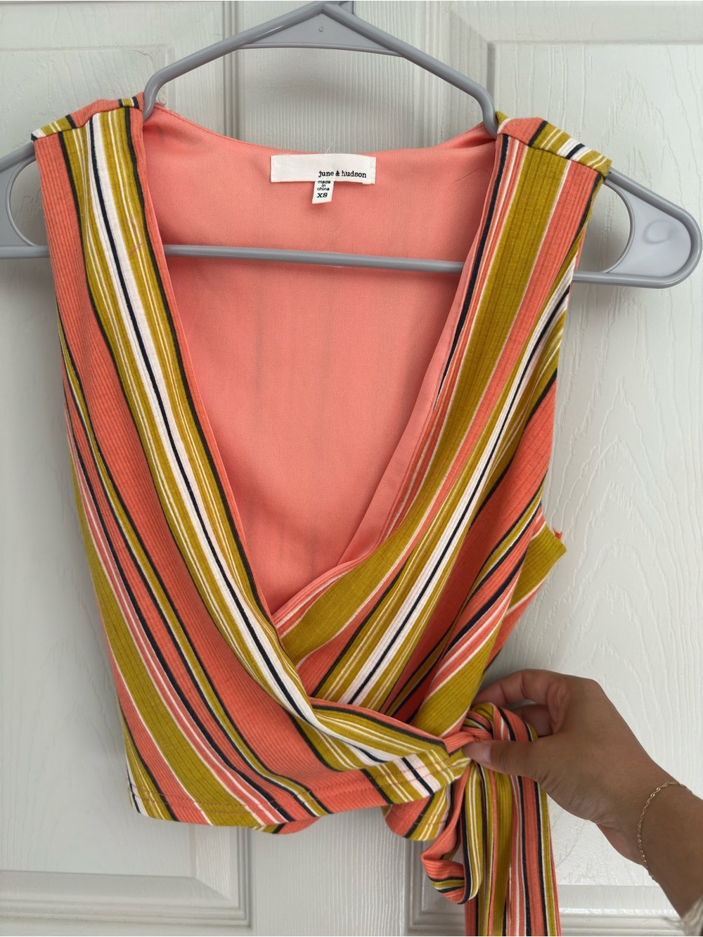 june & hudson Coral and Mustard Striped Wrap Crop Top